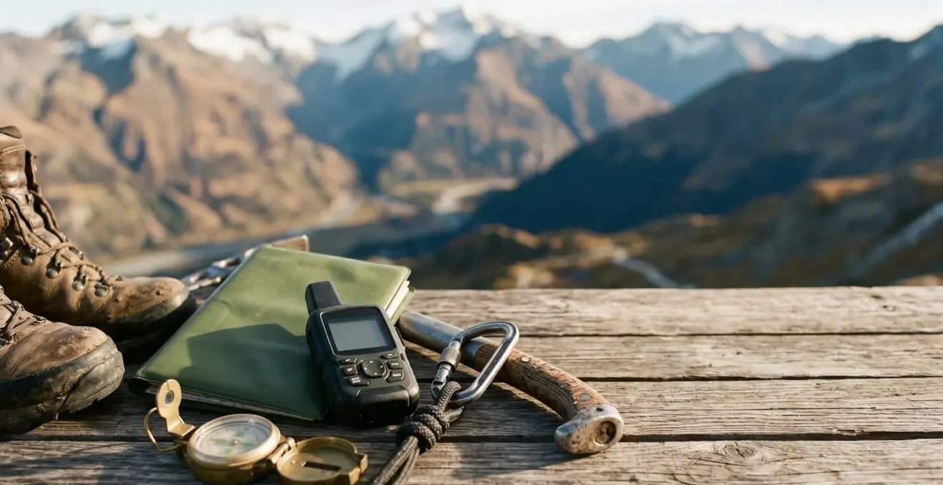Mountain expedition planning with essential safety equipment and documentation in natural outdoor setting