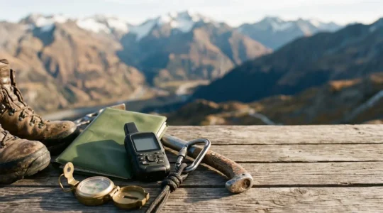 Mountain expedition planning with essential safety equipment and documentation in natural outdoor setting