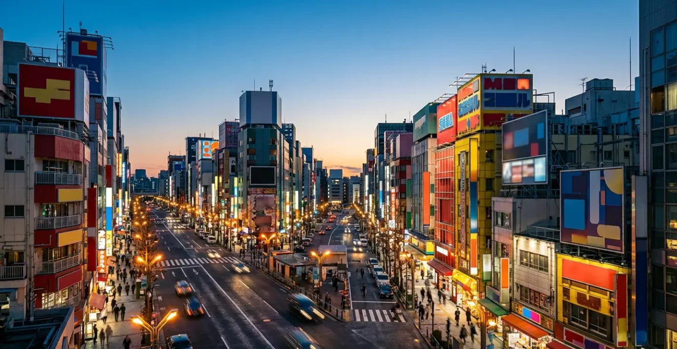 Vibrant Akihabara Electric Town district at dusk with neon signs and retro gaming culture atmosphere