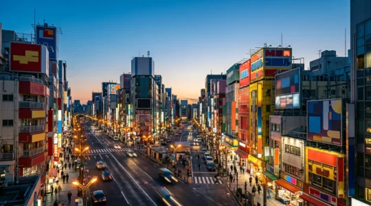 Vibrant Akihabara Electric Town district at dusk with neon signs and retro gaming culture atmosphere