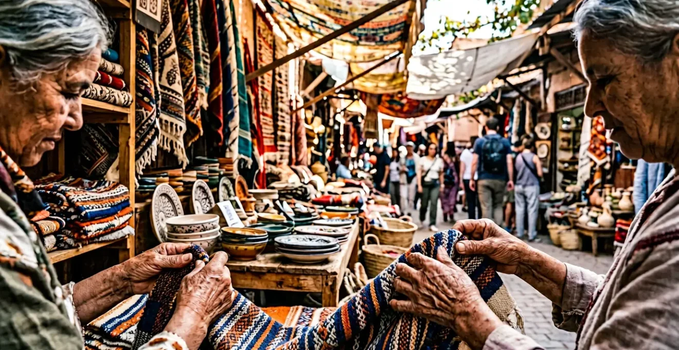 Artisan carefully inspecting handwoven textile at traditional market stall