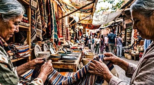 Artisan carefully inspecting handwoven textile at traditional market stall