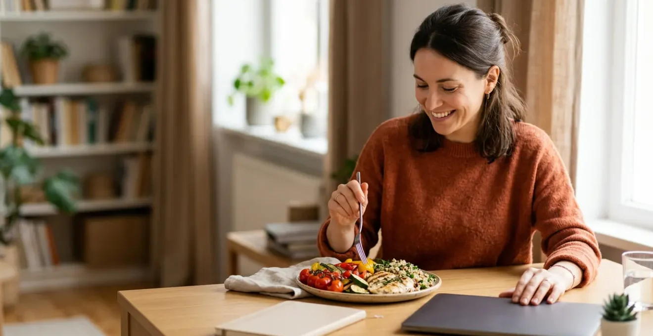 Remote worker preparing balanced meal at home office desk