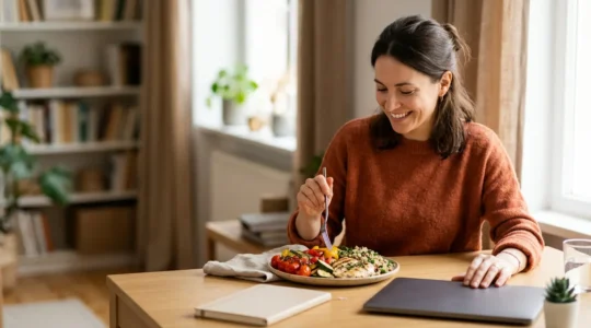 Remote worker preparing balanced meal at home office desk