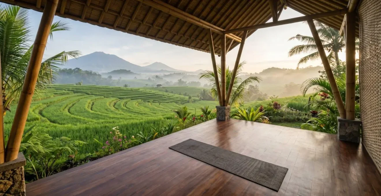Serene outdoor yoga shala overlooking lush tropical rice terraces in morning light with natural materials