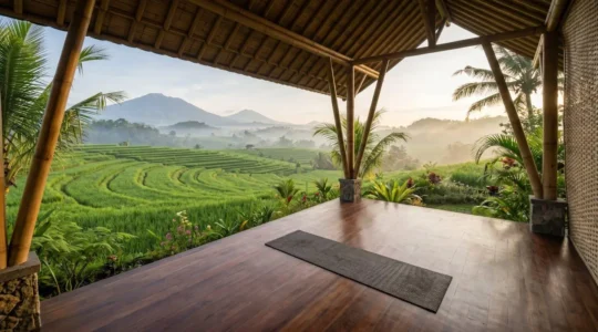 Serene outdoor yoga shala overlooking lush tropical rice terraces in morning light with natural materials