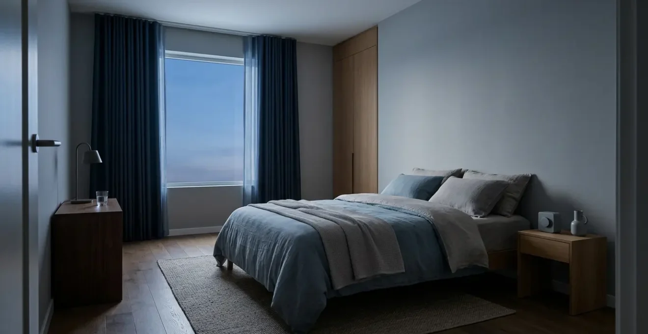 Serene bedroom environment optimized for deep sleep with controlled temperature and minimal light