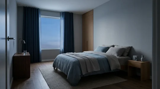 Serene bedroom environment optimized for deep sleep with controlled temperature and minimal light