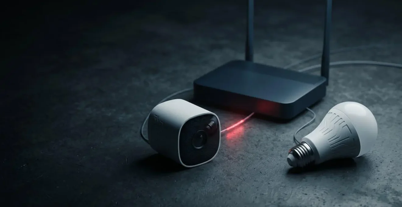 Abstract representation of interconnected smart home devices with subtle security breach visualization