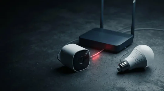 Abstract representation of interconnected smart home devices with subtle security breach visualization