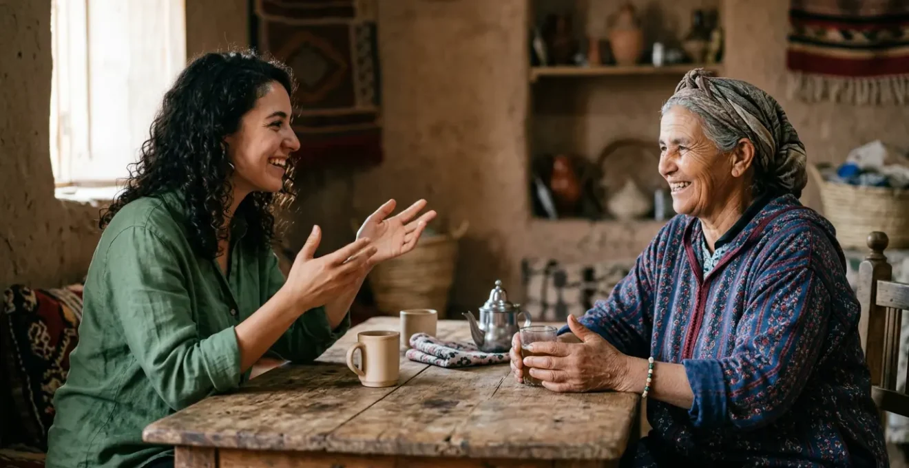 Traveler connecting with local culture through non-verbal communication and shared experiences