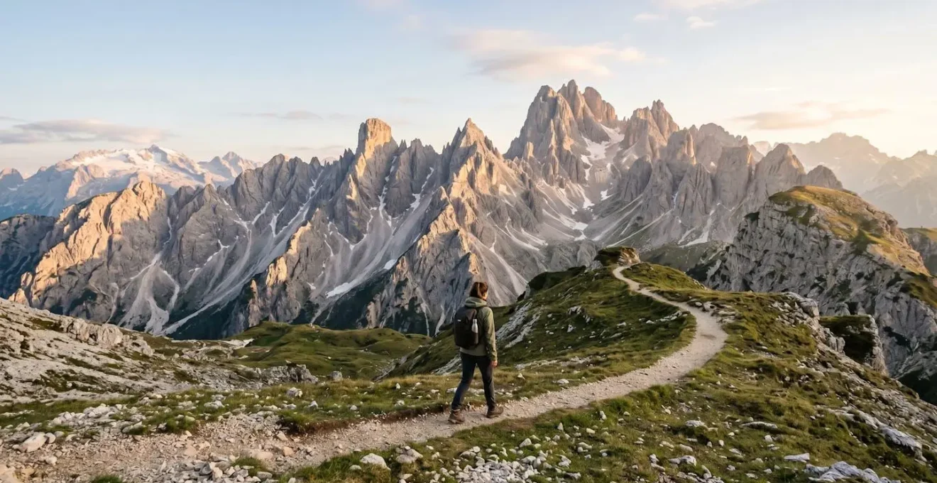 Eco-conscious hiker on pristine alpine trail with reusable gear demonstrating sustainable outdoor adventure practices