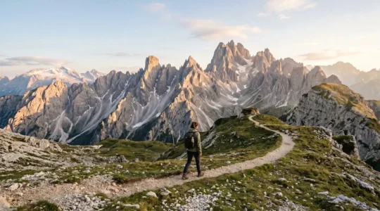 Eco-conscious hiker on pristine alpine trail with reusable gear demonstrating sustainable outdoor adventure practices