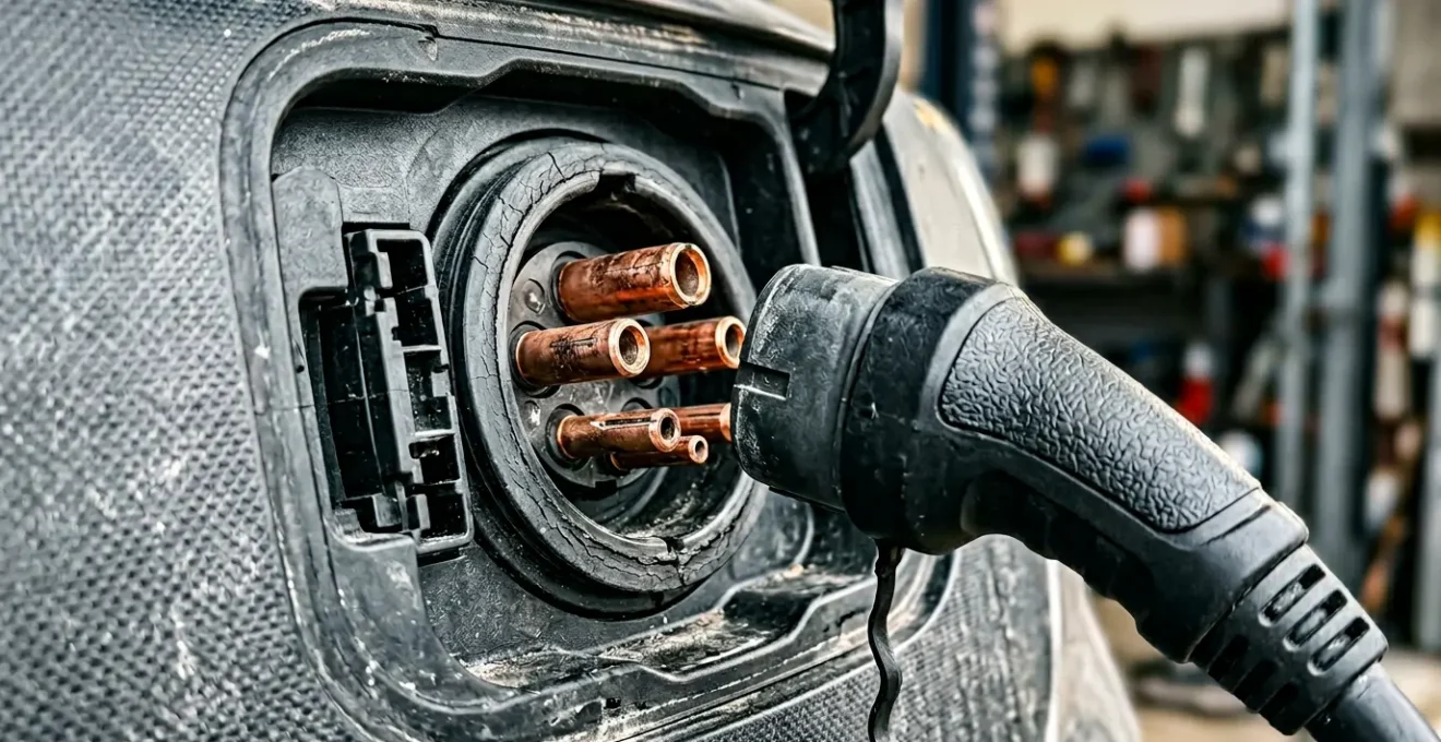 Close-up detail of electric vehicle charging port with subtle corrosion signs and weathered components showing hidden maintenance realities