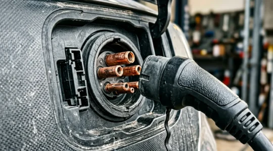 Close-up detail of electric vehicle charging port with subtle corrosion signs and weathered components showing hidden maintenance realities