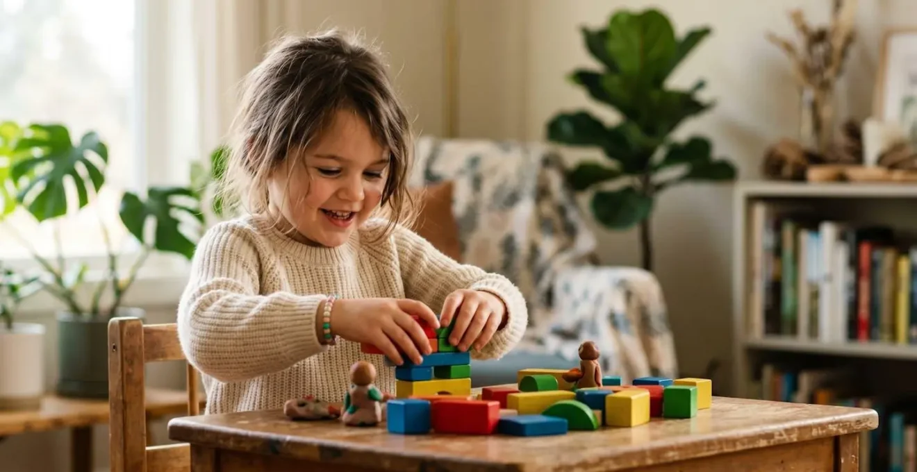 Five-year-old child deeply engaged in hands-on creative play activity without screens in bright natural setting