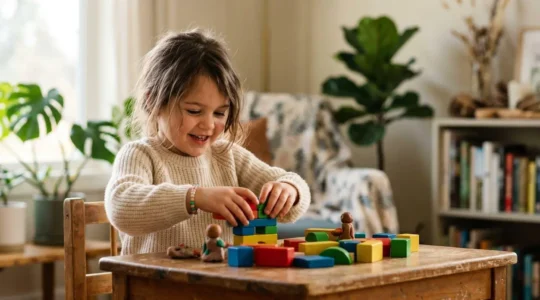 Five-year-old child deeply engaged in hands-on creative play activity without screens in bright natural setting