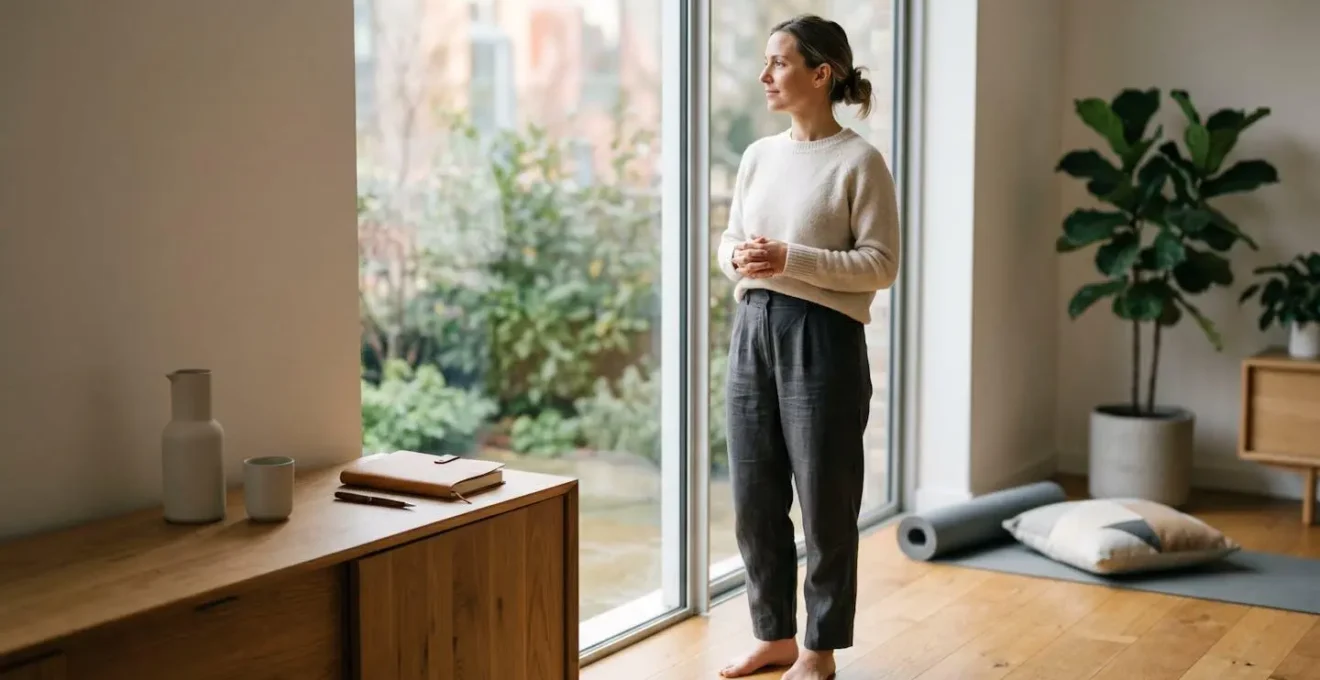 Professional executive maintaining balanced wellness routine combining mental health and physical fitness practices