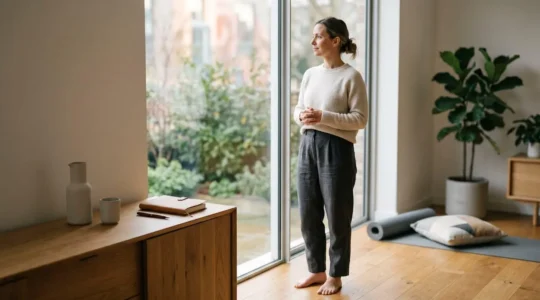 Professional executive maintaining balanced wellness routine combining mental health and physical fitness practices
