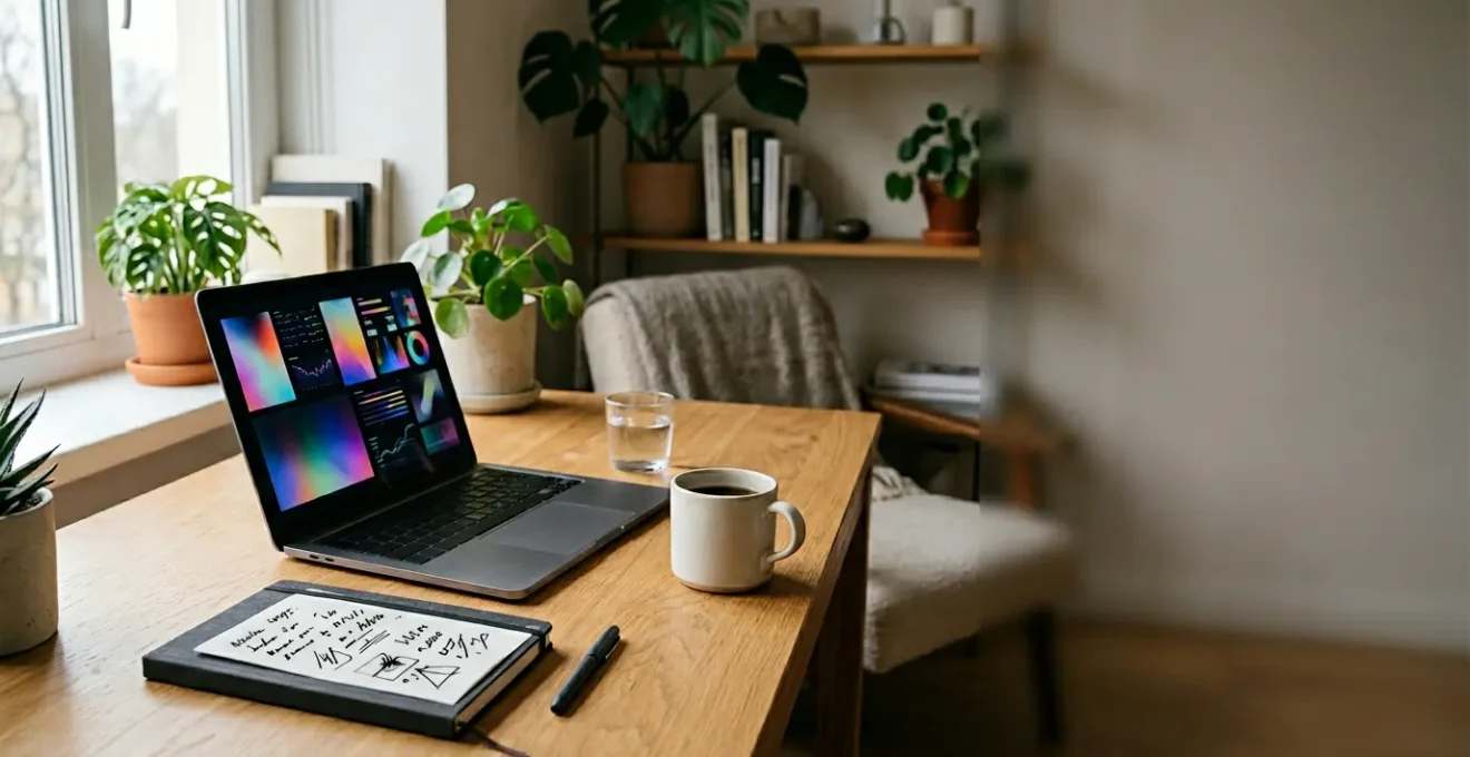 Modern freelancer workspace with AI tools enhancing productivity and workflow automation