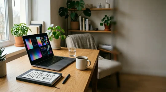 Modern freelancer workspace with AI tools enhancing productivity and workflow automation