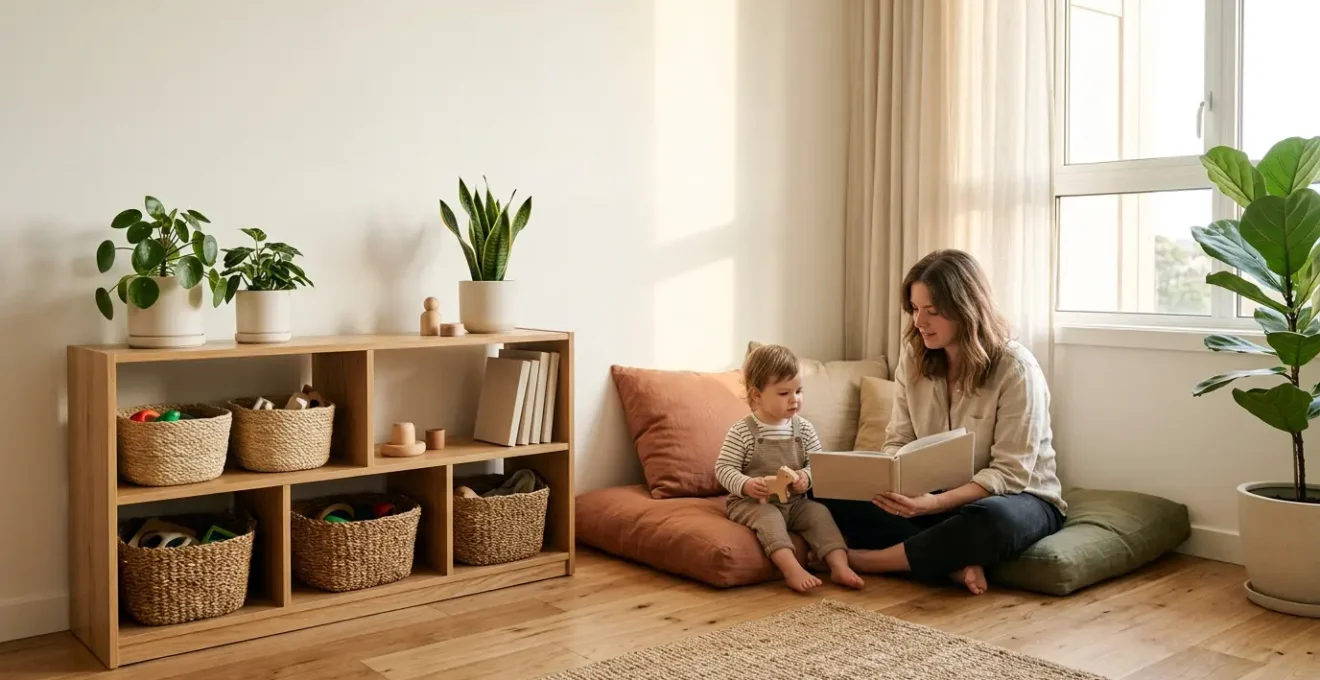 Serene compact living room with natural light streaming through large windows, minimal toy storage integrated into clean aesthetic design, peaceful family space