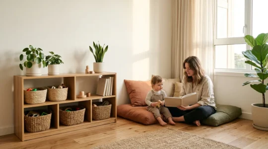Serene compact living room with natural light streaming through large windows, minimal toy storage integrated into clean aesthetic design, peaceful family space