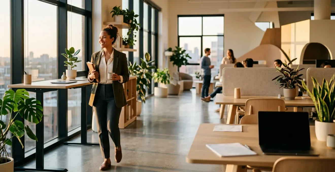 Calm professional in motion between standing and sitting workspace embodying dynamic wellness integration