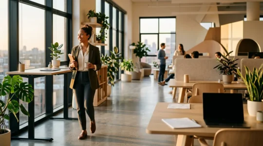 Calm professional in motion between standing and sitting workspace embodying dynamic wellness integration