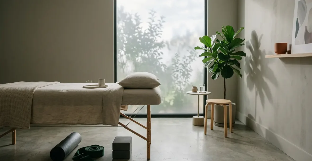 A serene healing environment combining Eastern and Western therapeutic elements for chronic back pain treatment