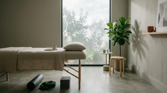 A serene healing environment combining Eastern and Western therapeutic elements for chronic back pain treatment