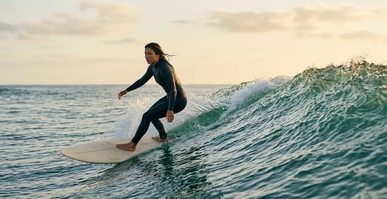 Intermediate surfer riding a clean green wave with focused stance and extended arms