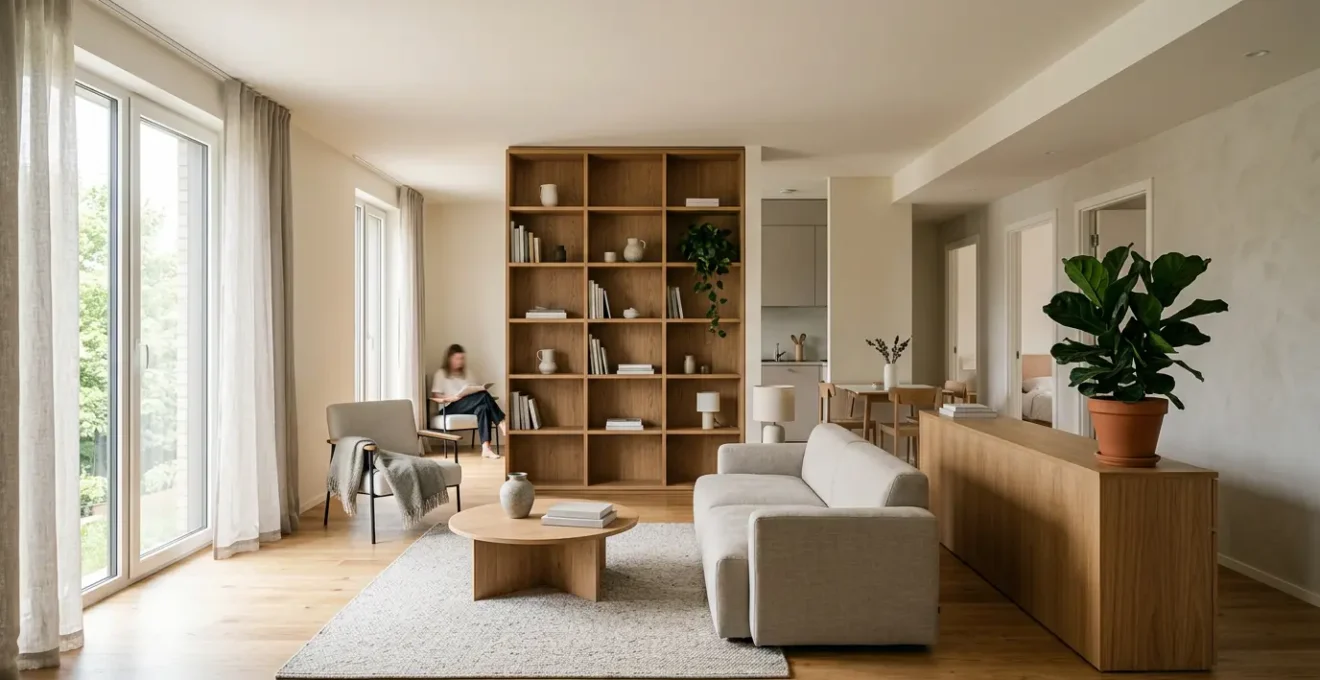 A serene shared living space designed for privacy with subtle personal zones and calming atmosphere