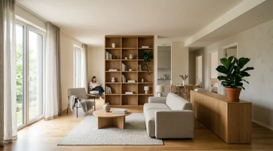 A serene shared living space designed for privacy with subtle personal zones and calming atmosphere