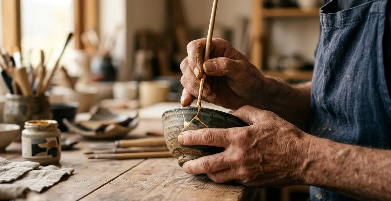 Hands of a master artisan meticulously applying gold leaf repair to a ceramic vessel