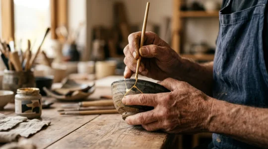 Hands of a master artisan meticulously applying gold leaf repair to a ceramic vessel