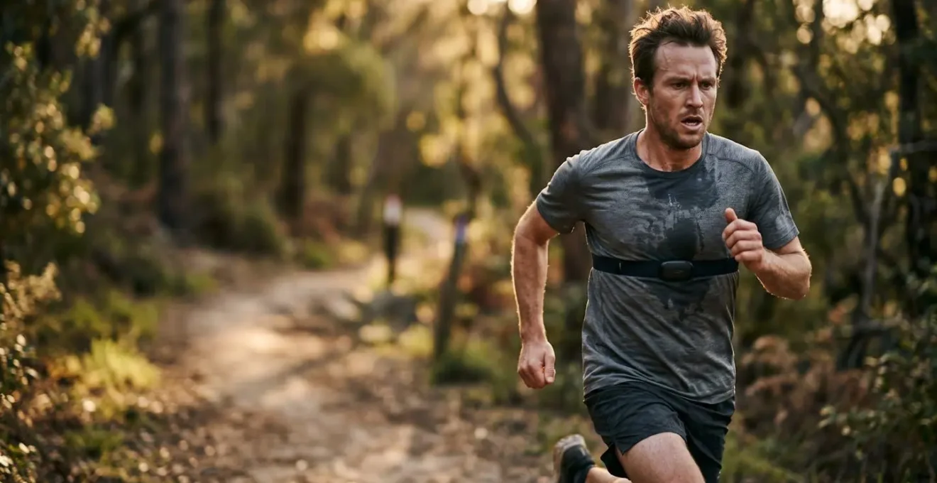 Close-up of marathon runner wearing chest strap heart rate monitor during training session