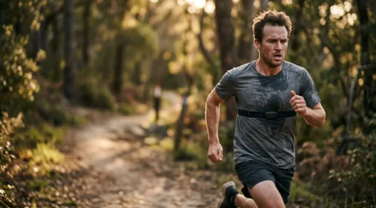 Close-up of marathon runner wearing chest strap heart rate monitor during training session