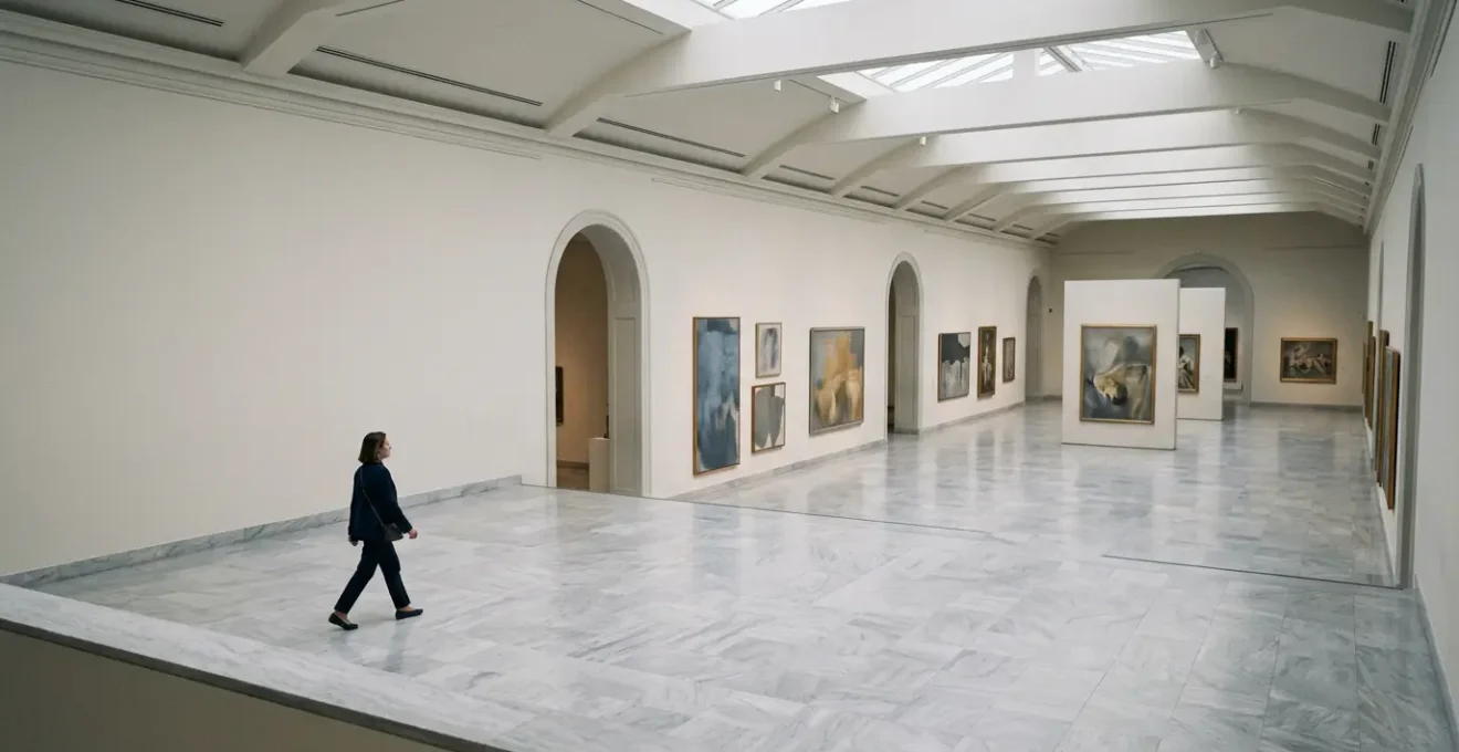 Visitor exploring art museum gallery with strategic navigation approach