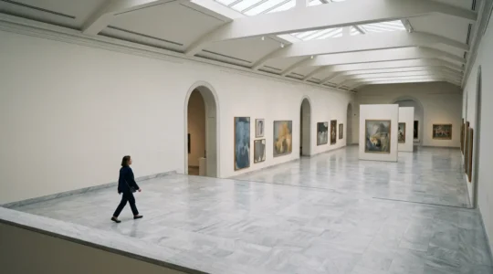 Visitor exploring art museum gallery with strategic navigation approach