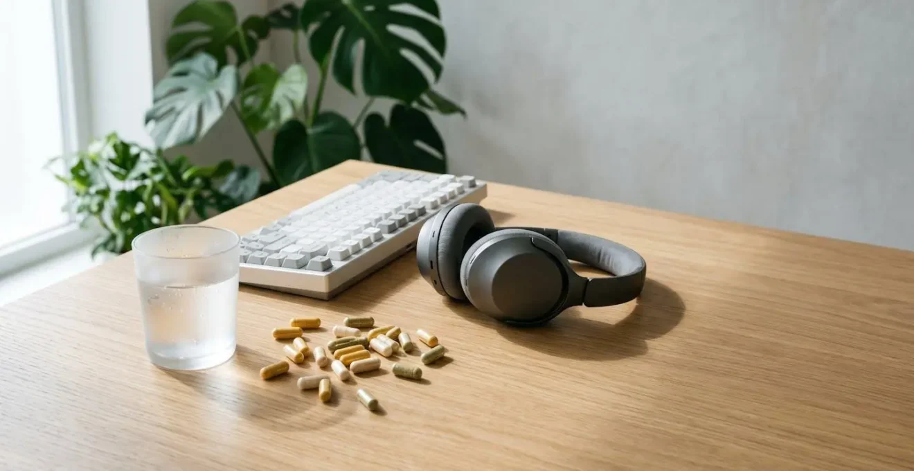 Professional coder workspace with natural supplements and focused work environment showing cognitive enhancement tools