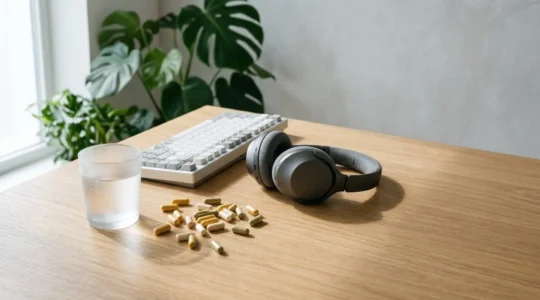 Professional coder workspace with natural supplements and focused work environment showing cognitive enhancement tools
