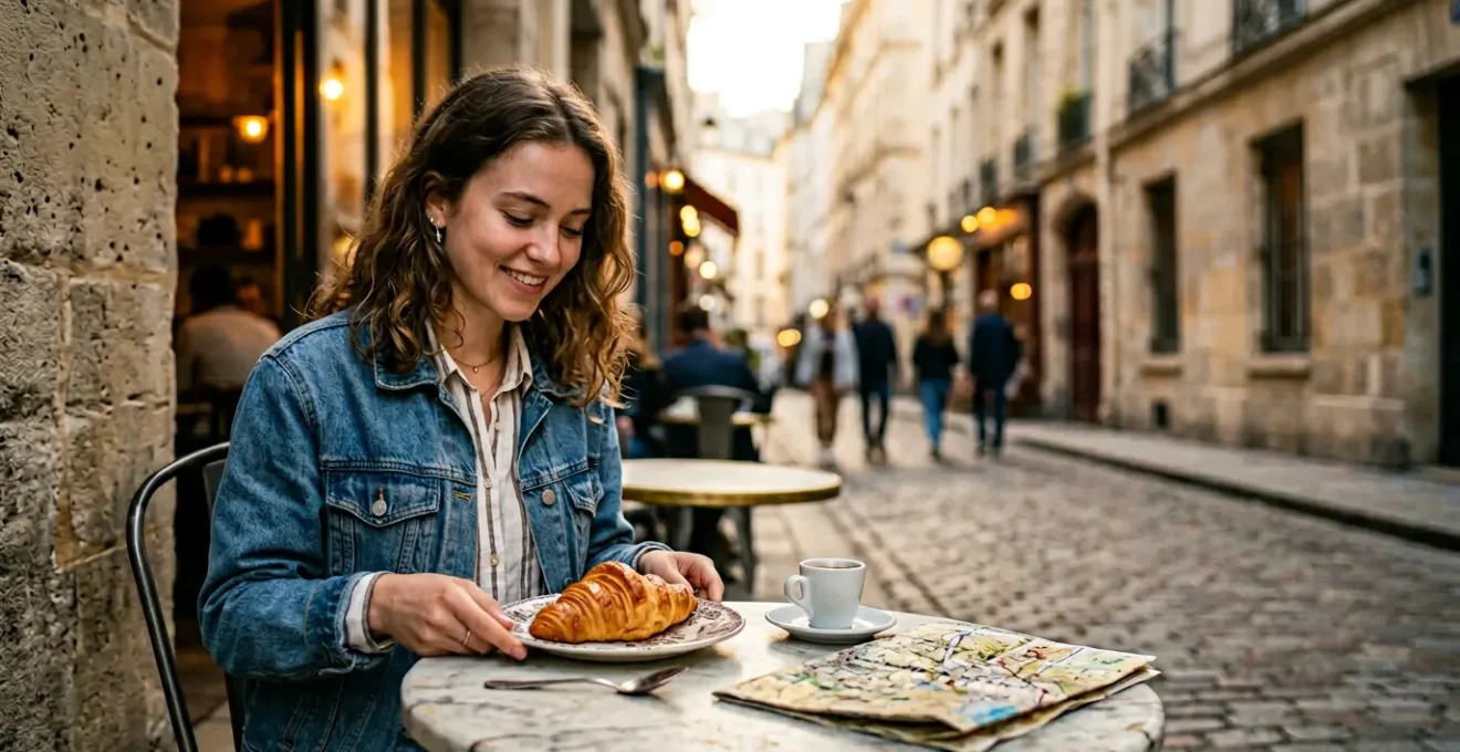 A traveler enjoying authentic French pastries and street food in a charming Parisian neighborhood during fashion week