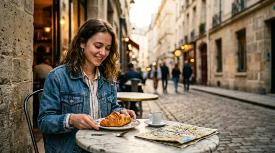 A traveler enjoying authentic French pastries and street food in a charming Parisian neighborhood during fashion week