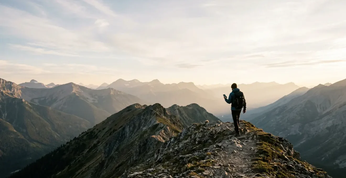 Outdoor adventurer using satellite communication device in remote wilderness terrain