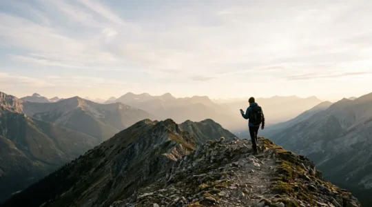 Outdoor adventurer using satellite communication device in remote wilderness terrain