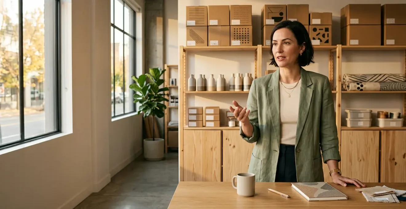 Modern small retail store owner analyzing data-driven inventory insights on a clean workspace
