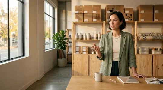 Modern small retail store owner analyzing data-driven inventory insights on a clean workspace