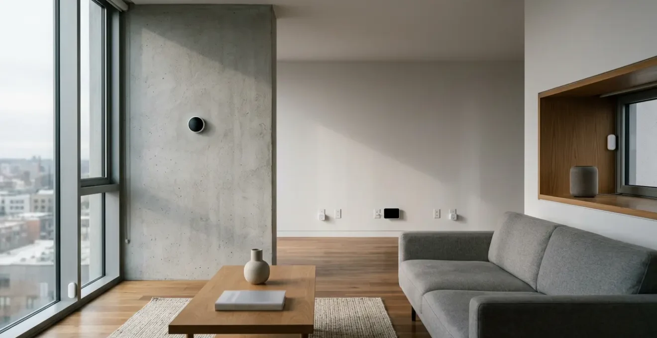 Modern smart home interior with unoptimized energy devices causing inefficiency and frustration