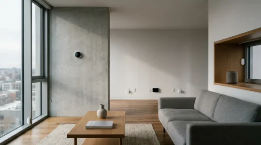 Modern smart home interior with unoptimized energy devices causing inefficiency and frustration